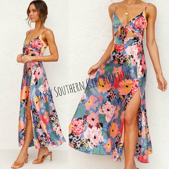 🆕⭐ Boho floral satin honey knot midi dress - Picture 4 of 16